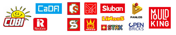 Logo der Firmen Cobi, Cada, Reobrix, Sembo, Panlos, Sluban, Stax, Wange, Mork, Mould King, Super 18K, Linoos, Open Bricks und SY Block